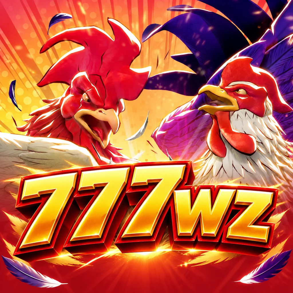 Dua ayam jantan beradu di samping teks emas 777wz berlatar merah